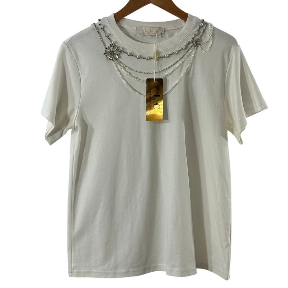 Lizette Collection White Embellished Pearl Rhinestone Necklace T-Shirt Small NEW